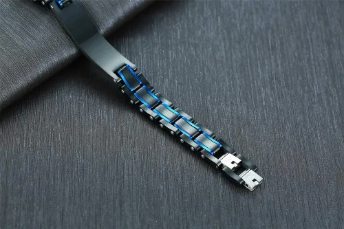 Miniatura 4 de MEALGUET Pulsera de identificación de alerta médica de acero inoxidable masculino de 2 tonos para hombre, grabado gratuito, negro, azul, para hombre