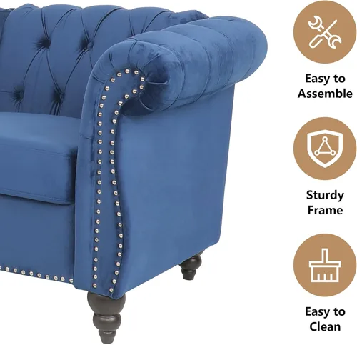 Miniatura 6 de QHITTY Juego de 2 piezas para sala de estar, Silla Sofá Seccional Chesterfield Contemporáneo Tapizado de Terciopelo Loveseat Juegos de Sofá para Azul