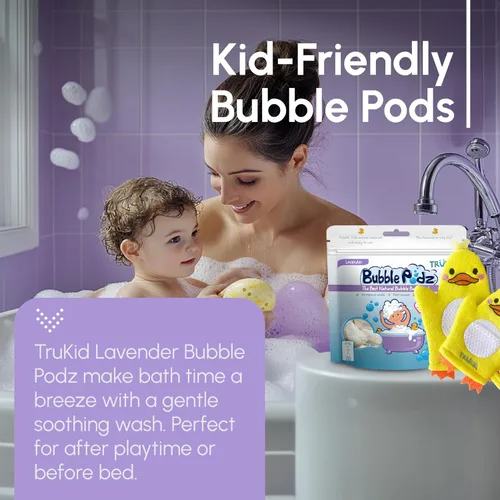Miniatura 3 de TruKid Lavender Bubble Podz, juego de crema para bebés y guantes de burbujas, paquete relajante de baño y cuidado de la piel para niños