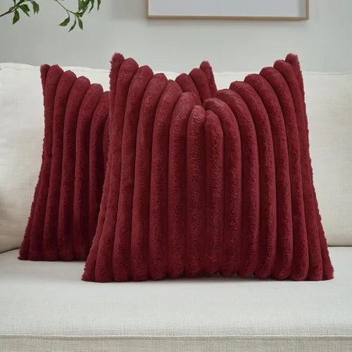 Miniatura 59 de FUTEI - Juego de 2 fundas de almohada decorativas con rayas, cuadradas, para invierno, piel sintética de conejo suave y acogedora y respaldo