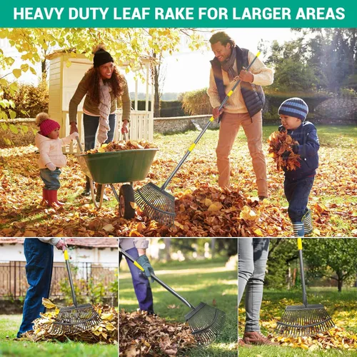 Miniatura 6 de Rastrillo de jardín ajustable para hojas de 36 a 73 pulgadas de mango largo, 18 pulgadas de ancho, resistente con 25 dientes de metal, incluye