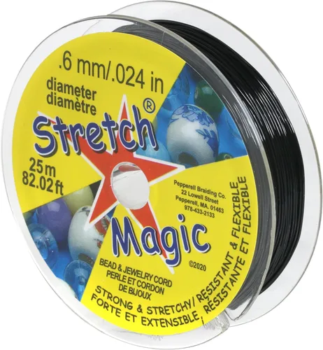Cordón elástico para cuentas Stretch Magic – Color negro, 0.6mm de diámetro, 25 metros (82 pies) - Fácil de anudar, cuerda fuerte y elástica para
