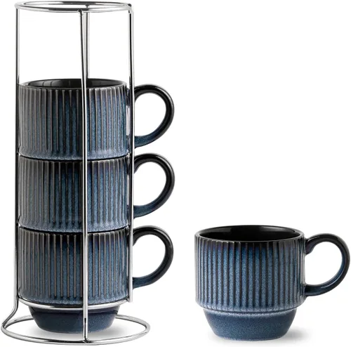 Miniatura 13 de Hasense Juego de tazas de café, juego de 4 tazas de té apilables con soporte - Juego de tazas grandes de cerámica acanaladas de 15 onzas para latte