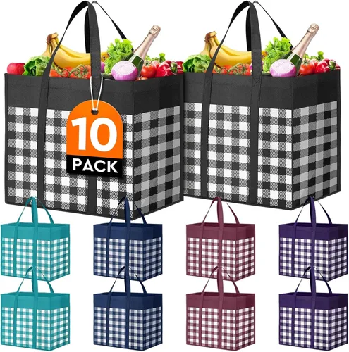 Miniatura 9 de WISELIFE Bolsas de compras reutilizables para comestibles, paquete de 10 bolsas de mano plegables grandes a granel bolsas de productos ecológicos