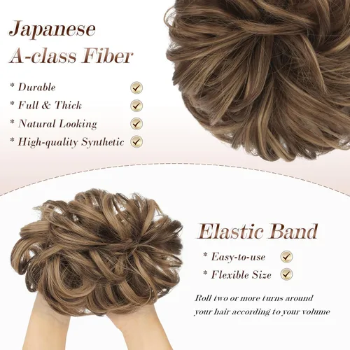 Miniatura 3 de FESHFEN Piezas de pelo para moño desordenado - Coleteros elásticos grandes ondulados y rizados, extensiones de cola de caballo, piezas de pelo