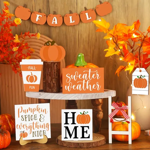 Miniatura 3 de Sumind Juego de 15 piezas de decoración de bandejas escalonadas de Acción de Gracias, decoraciones de otoño para el hogar, letreros de madera