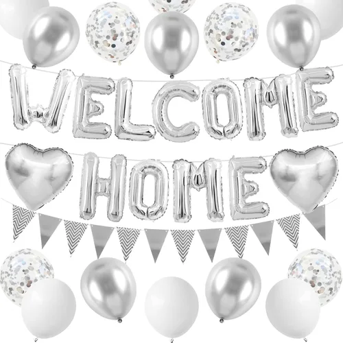 Miniatura 14 de Decoraciones Welcome Home Negro Azul Plateado, Pancarta de Globos de Papel de Aluminio Negro Welcome Home con Globos de Corazón Azul Marino Banderín