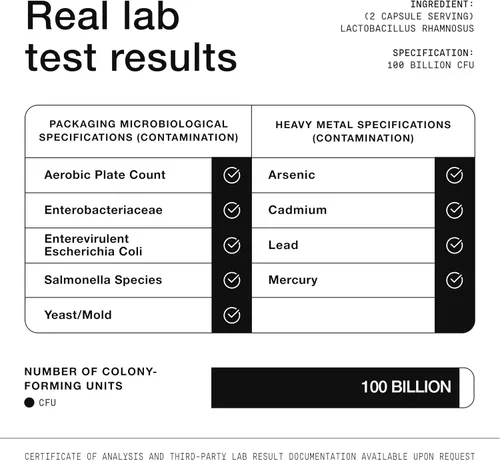 Miniatura 4 de Toniiq Lactobacillus Rhamnosus - Ultra alta resistencia 100B CFU con FOS prebiótico - Cápsulas de liberación retardada - Probado en laboratorio