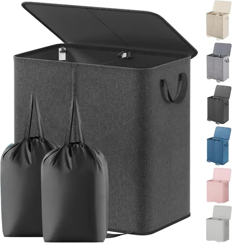 Lifewit Cesta de lavandería doble con tapa y bolsas de lavandería extraíbles, gran plegable, 2 divisores, cesta de ropa sucia con asas para Negro
