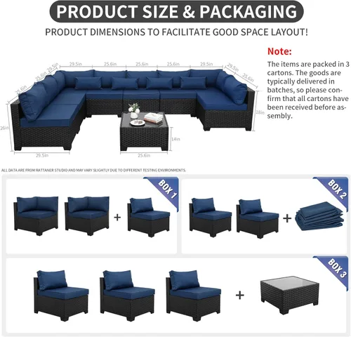 Miniatura 6 de Juego de 9 piezas de muebles seccionales para exteriores de mimbre resistente a la intemperie, seccional de patio y mesa de patio de vidrio, cojines