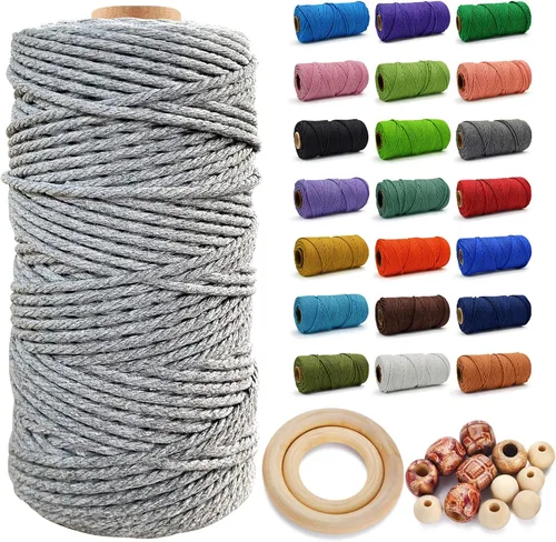 Miniatura 44 de Cuerda de Algodón 8mm x 20 Yardas - Cuerda de Macramé Natural Sin Blanquear - Cuerda de Algodón Trenzada de 3 Hilos para Colgar en la Pared, Blanco