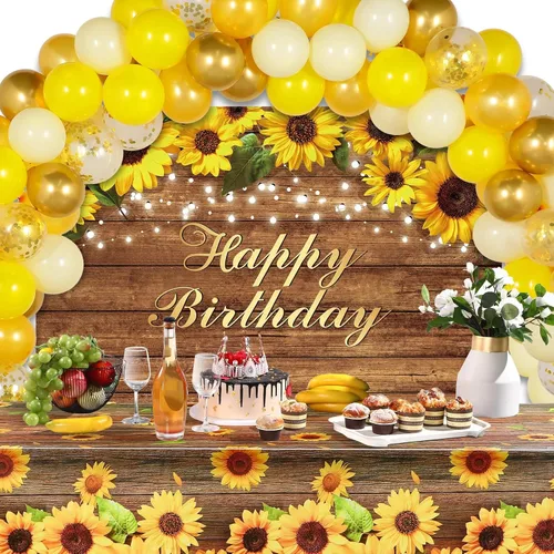 Tiamon Juego de 53 guirnaldas de arco de globos dorados y amarillos, 1 pancarta de fondo de feliz cumpleaños, 2 manteles de plástico de girasol para