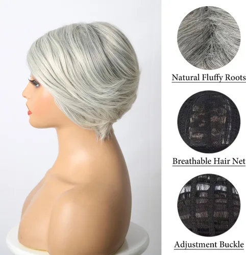 Miniatura 7 de Aisaide Peluca Corta de Corte Pixie Gris Platino con Flequillo de Cortina Bob para Mujeres - Peluca Sintética con Raya Lateral Despeinada
