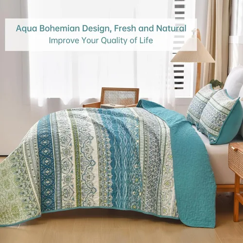 Miniatura 4 de WONGS BEDDING Juego de edredón bohemio tamaño Queen Aqua, juego de colcha de 3 piezas a rayas, de microfibra ligera y suave bohemia para todas