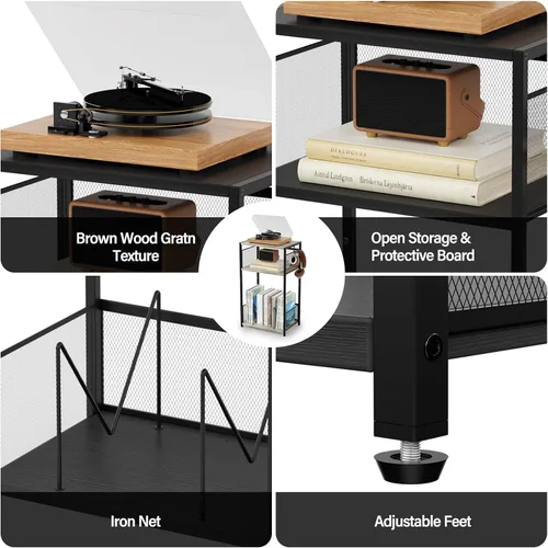 Miniatura 5 de Aduanbang Mesa auxiliar de 3 niveles, soporte para tocadiscos con almacenamiento de hasta 100 álbumes, soporte giratorio para vinilo, estante