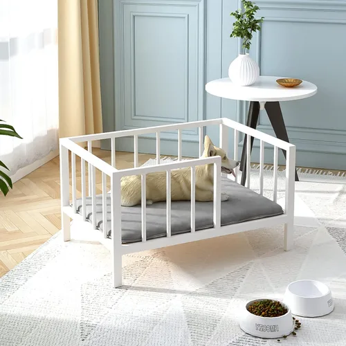 Miniatura 10 de OSCHF Cama para perros con rieles, marco de cama elevado de metal para mascotas con tablero de madera maciza y tapete suave lavable para perros Negro