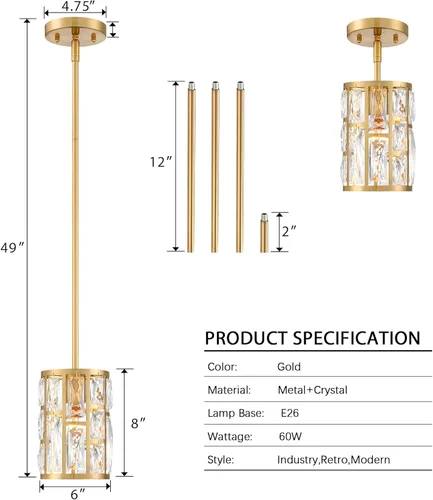 Miniatura 4 de MEXO Lámpara Colgante de Cristal Moderna Accesorio de Iluminación Paquete de 2 con Acabado Dorado Iluminación Colgante Candelabro de Cristal