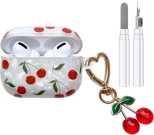 Funda compatible con AirPods Pro (1ª generación), bonita funda estética de cereza para AirPod Pro con llavero de cereza, funda protectora de TPU