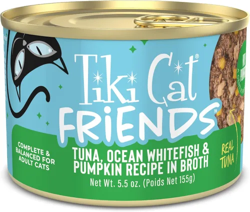 Tiki Cat Aloha Friends, atún, pescado blanco del océano y calabaza, sin granos y alta humedad, comida húmeda para gatos de todas las etapas de la