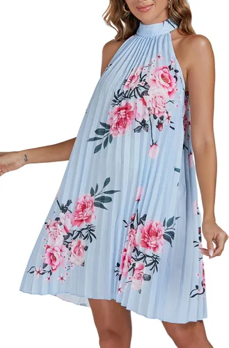 Miniatura 3 de Vrtige Vestido corto de mujer con cuello halter floral, plisado, sin mangas, dobladillo fluido, acampanado, para mujer
