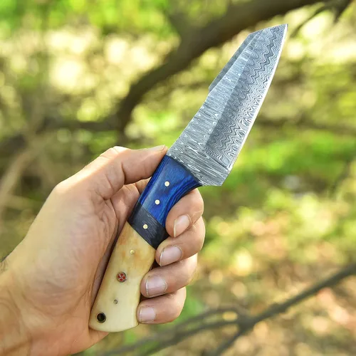 Miniatura 4 de Cuchillo de caza de acero de Damasco forjado a mano – Cuchillo de caza táctico EDC de hoja fija de 8 pulgadas para desollar y funda de cuero