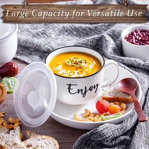 Miniatura 3 de DAYYET Tazas de sopa con asas y tapas ventiladas, cuencos de sopa aptos para microondas de 26 onzas, juego de tazas de cerámica para avena durante