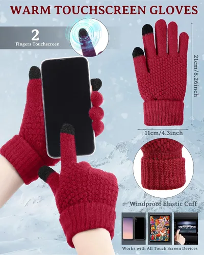 Miniatura 3 de SATINIOR Juego de 4 gorros y guantes de invierno para mujer, gorro de punto cálido, gorro de esquí de nieve con visera y guante para pantalla rojo
