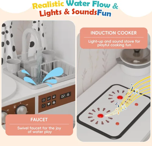 Miniatura 3 de Estación de trabajo de juego de cocina de madera con diseño giratorio de 180°, juego de cocina para niños con luces y sonidos interactivos, juego