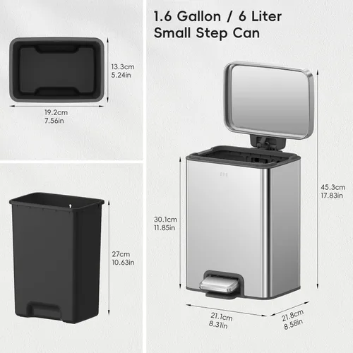Miniatura 2 de EKO Madison - Cubo de basura de acero inoxidable cepillado de 1.6 galones o 6 litros, cubo de basura o cubo de reciclaje, forro interior extraíble