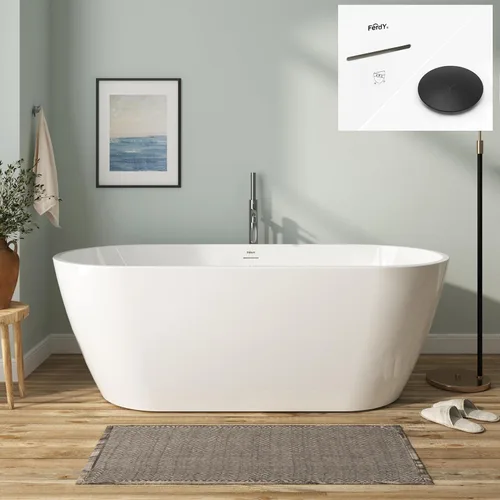 Miniatura 43 de FerdY 59" Bañera de acrílico independiente Bali Elite, bañera independiente de inmersión con forma elegante, certificada cUPC, desagüe negro Toe-Tap