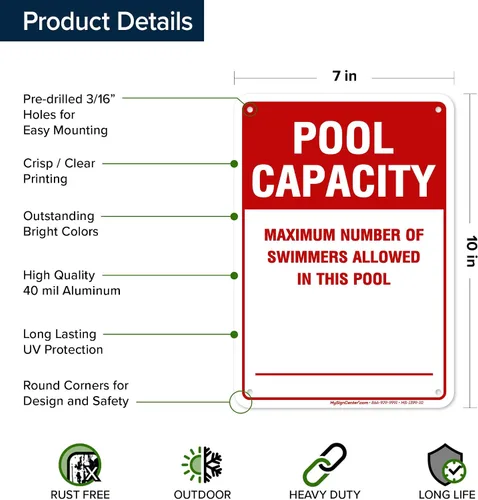 Miniatura 6 de Número máximo de nadadores permitidos en este cartel de piscina, 7 x 10 pulgadas, libre de óxido, aluminio 040, resistente a la decoloración