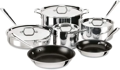 All-Clad D3 - Juego de utensilios de cocina antiadherentes de acero inoxidable de 3 capas, 10 piezas, inducción, apto para horno 600F, juego de