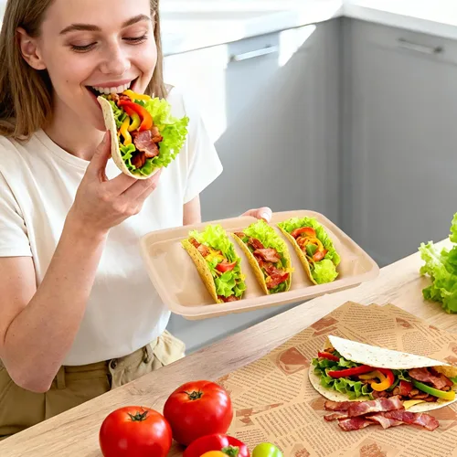 Miniatura 8 de 24 soportes desechables para tacos con 100 forros y 100 guantes, platos de tacos de fibra natural resistentes, bandejas de tacos de 3 compartimentos