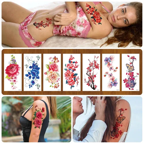 Miniatura 6 de Tatuajes temporales florales de 21 hojas, diseños brillantes de peonías y rosas en 3D, arte corporal impermeable para mujeres y niñas, calcomanías