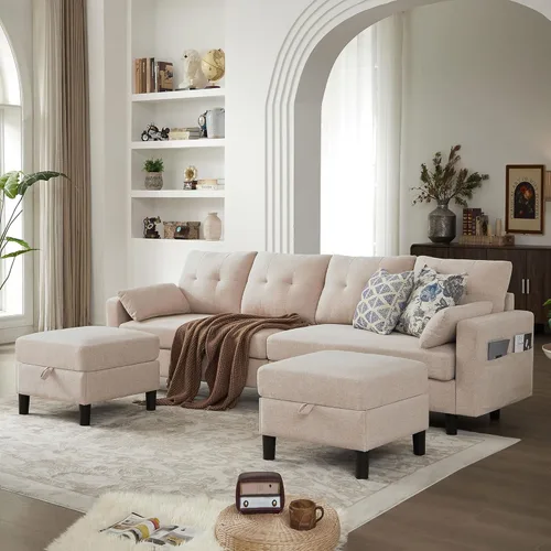 Miniatura 11 de Sofá en forma de U de 102.3 pulgadas con 2 otomanas móviles y 1 mesa auxiliar, se convierte en sofá cama, incluye 2 almohadas para reposabrazos