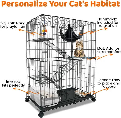 Miniatura 9 de Homey Pet Jaulas para gatos de 50 pulgadas para interiores, jaulas grandes de 4 niveles para gatos de interior, jaula plegable de alambre de metal