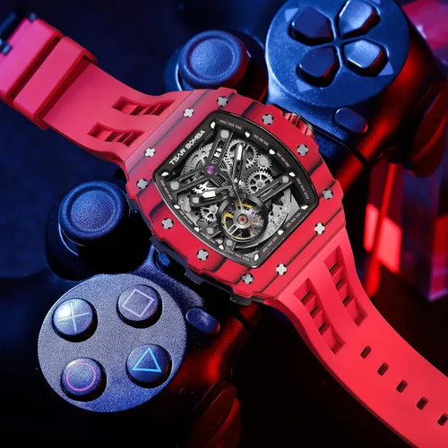 Miniatura 3 de Reloj para hombre, reloj mecánico automático de esqueleto para hombre, 164.0 ft, impermeable, de lujo, Tonneau, cuadrado, esfera grande, con correa