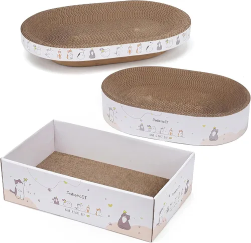 Miniatura 16 de PatiencET Paquete de 4 almohadillas para arañazos para gatos con caja, rascador de cartón para gatos de interior, rascador reversible con caja