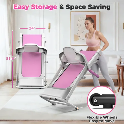 Miniatura 4 de Lastforever Caminadora plegable para uso doméstico, motor silencioso de 2.5 HP, 0.5 a 7.5 MPH con 8% de inclinación manual, cinta de correr Rosa