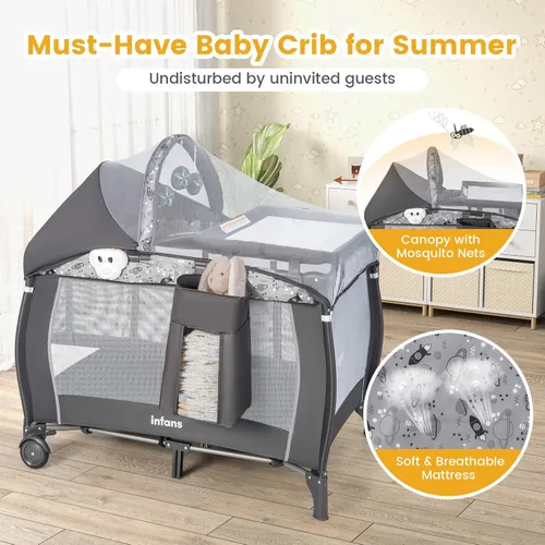 Miniatura 7 de INFANS 4 en 1 Pack and Play, corralito portátil de viaje para bebé con moisés, cambiador, toldo, mosquitera, juguetes colgantes, caja de música
