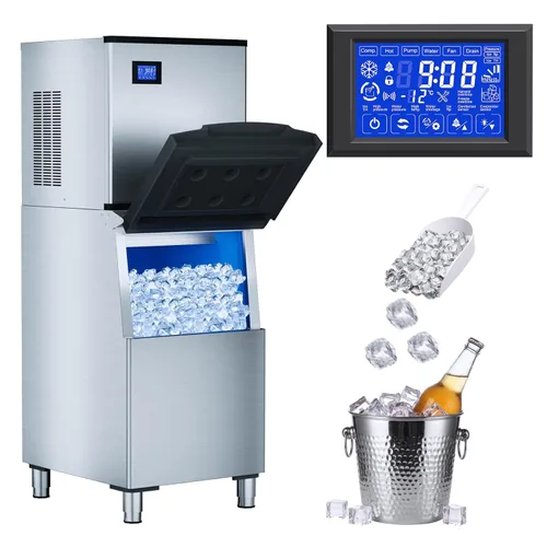 Máquina comercial para hacer hielo 480LBS/24H, contenedor de almacenamiento de 360 libras, listo para hielo en 8-15 minutos, modo de autolimpieza,