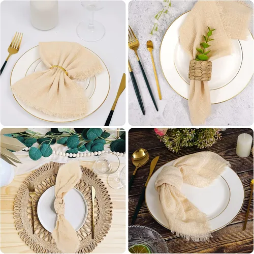 Miniatura 7 de 24 servilletas de tela hechas a mano con flecos beige, 16 x 16 pulgadas, delicadas servilletas de algodón rústico a granel para bodas, cenas, fiestas