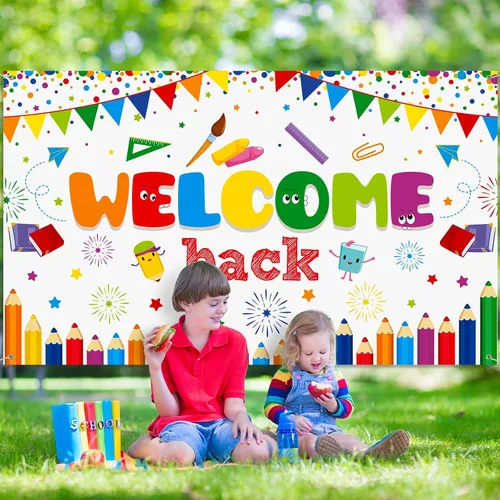 Miniatura 4 de Tatuo Cartel de bienvenida de vuelta a la escuela, cartel grande de tela para el primer día de escuela, cartel de bienvenida, tablón de anuncios