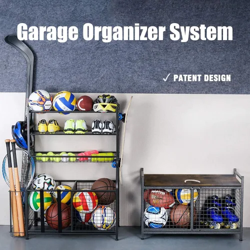 Miniatura 2 de Mythinglogic Carrito de almacenamiento de bolas rodantes, organizador de almacenamiento de equipo deportivo para garaje, sótano, entrada, cubo