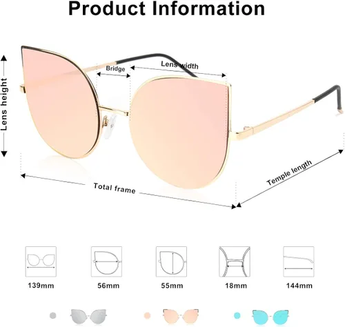 Miniatura 3 de SojoS SJ1022 anteojos de sol con lentes lisos y espejados con forma de ojos de gato, con marco de metal liviano y ultradelgado, para mujer