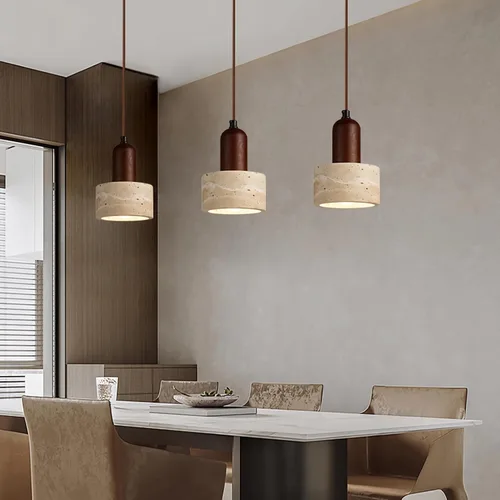 Miniatura 2 de Lámpara colgante japonesa Wabi sabi con pantalla de piedra natural, lámpara colgante de madera moderna regulable, lámpara colgante de altura
