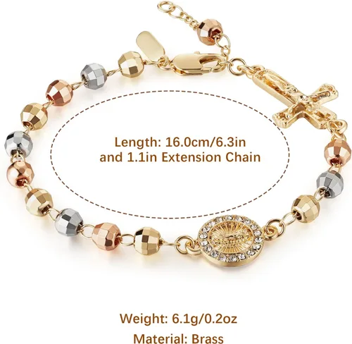 Miniatura 28 de HZMAN Pulsera de cruz con cuentas de rosario virgen de Guadalupe ajustable para mujer, regalo de joyería