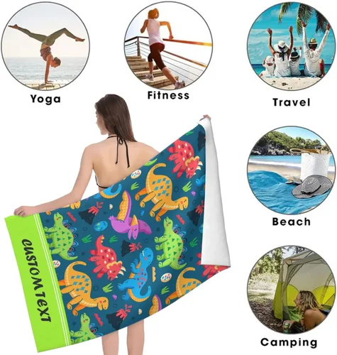 Miniatura 4 de Toalla de playa personalizada, toallas de playa personalizadas de animales de dinosaurio coloridos con nombre y foto, imagen de texto, toallas