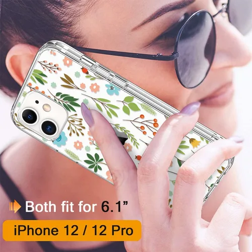 Miniatura 2 de Funda para iPhone 12, iPhone 12 Pro con protector de pantalla, transparente de cuerpo completo, funda protectora floral para niñas y mujeres, a