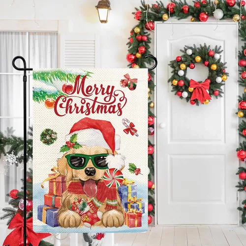 Miniatura 3 de Golden Retriever - Bandera de jardín con texto en inglés "Merry Christmas", de arpillera, de 12 x 18 pulgadas, doble cara para patio, porche
